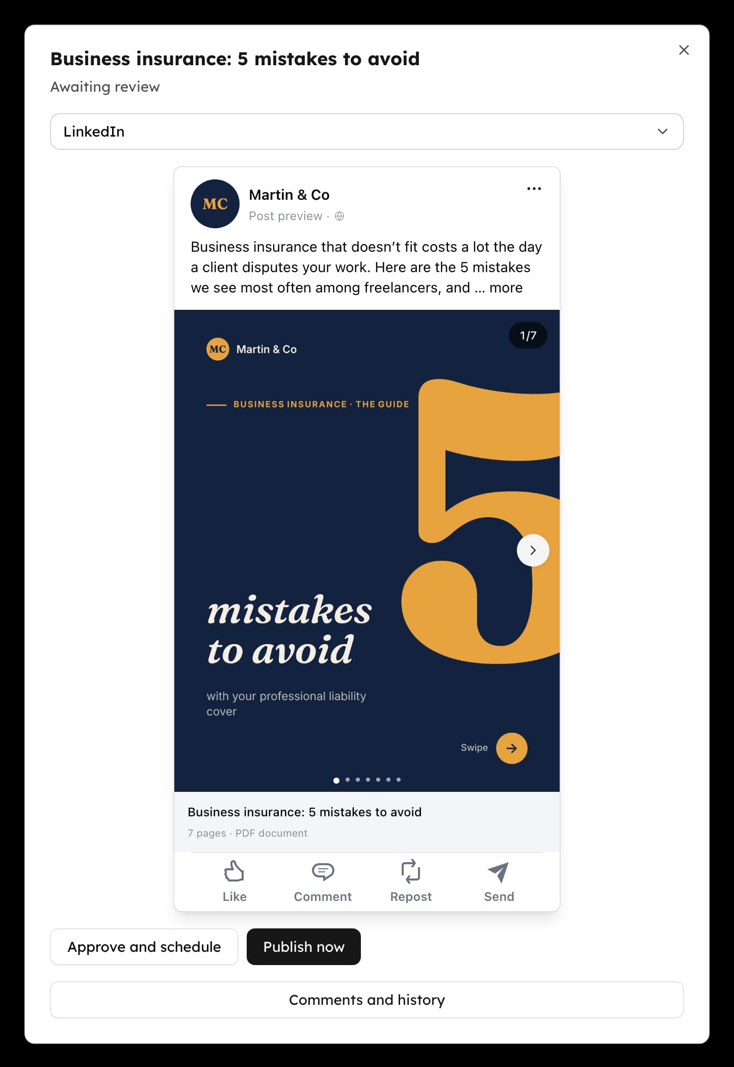 Martin & Co’s client space: the business insurance carousel awaiting approval, with the Approve and schedule and Publish now buttons