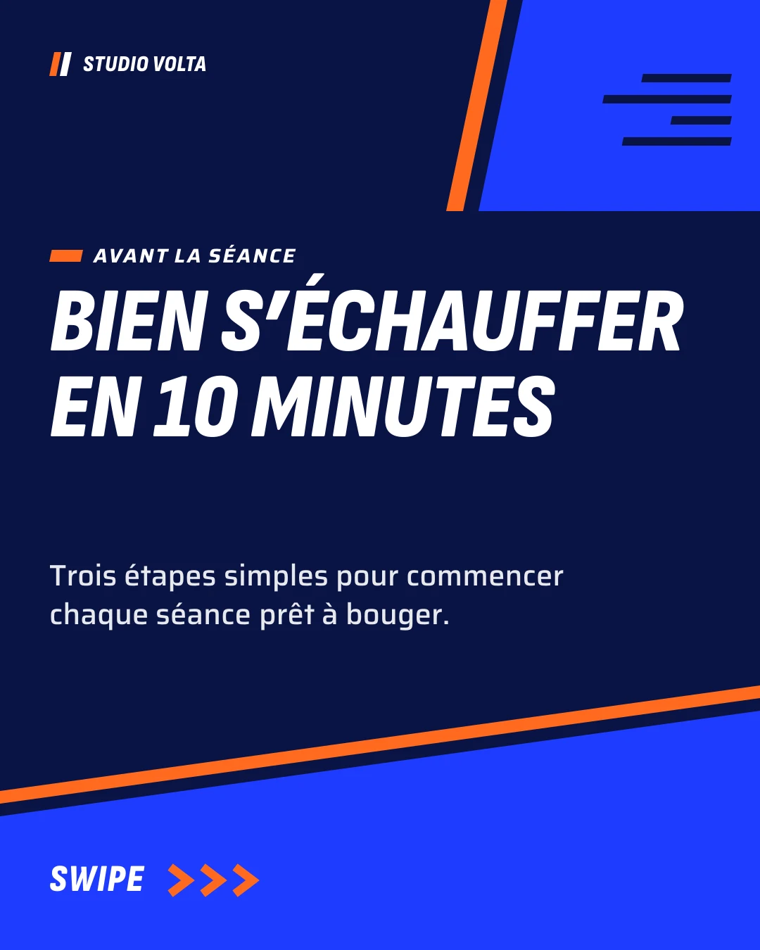 Couverture du carrousel Instagram de Studio Volta : « Bien s’échauffer en 10 minutes », en bleu et orange.
