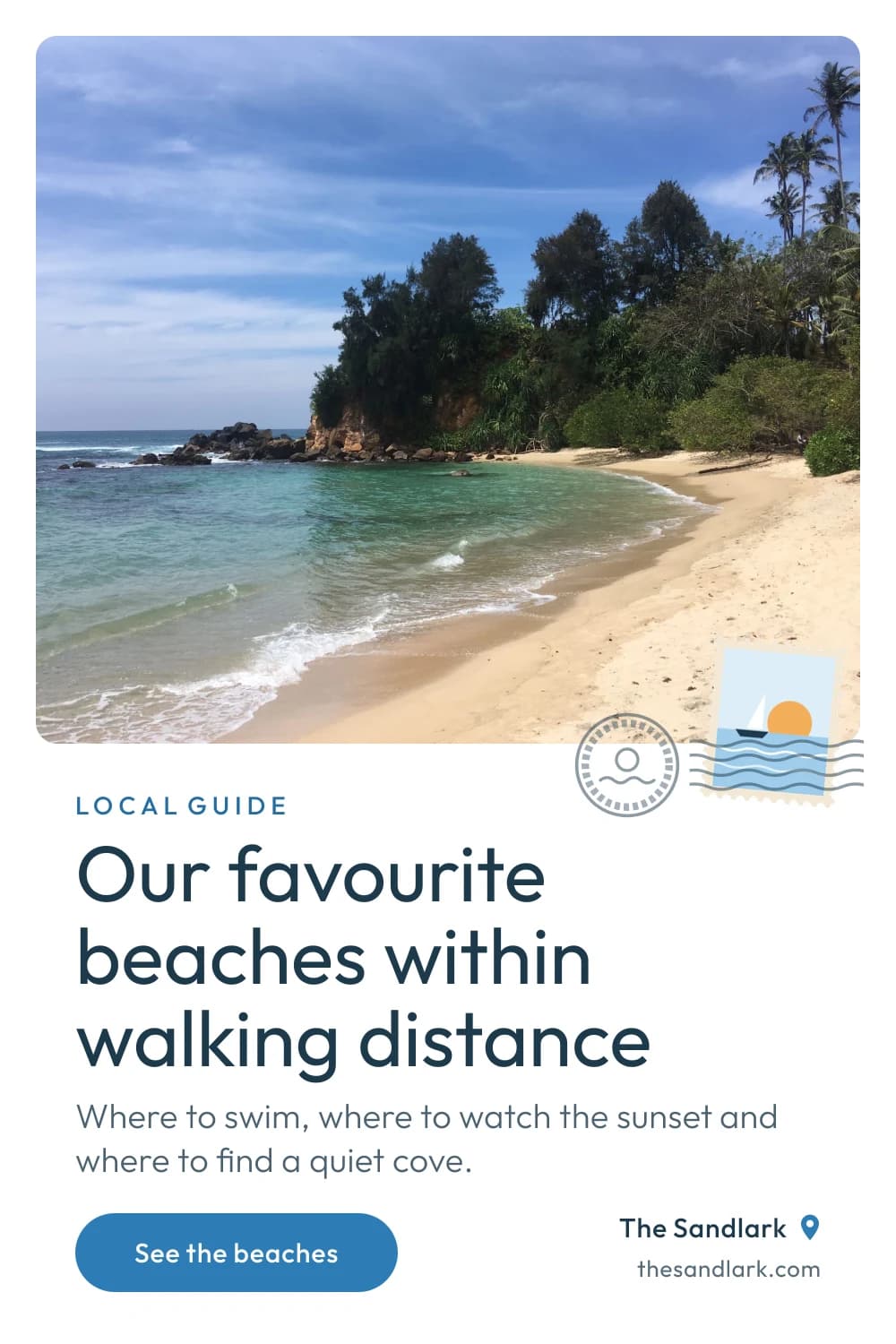 The Sandlark’s pin: “Our favourite beaches within walking distance”, under a photo of a beach.