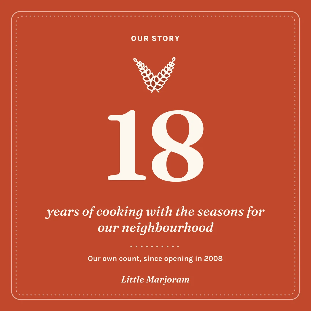 Little Marjoram’s Facebook visual: “18 years of cooking with the seasons for our neighbourhood”, on terracotta.