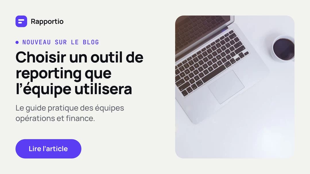 Post X de Rapportio : « Choisir un outil de reporting que l’équipe utilisera », sur fond clair, à côté de la photo d’un ordinateur portable.