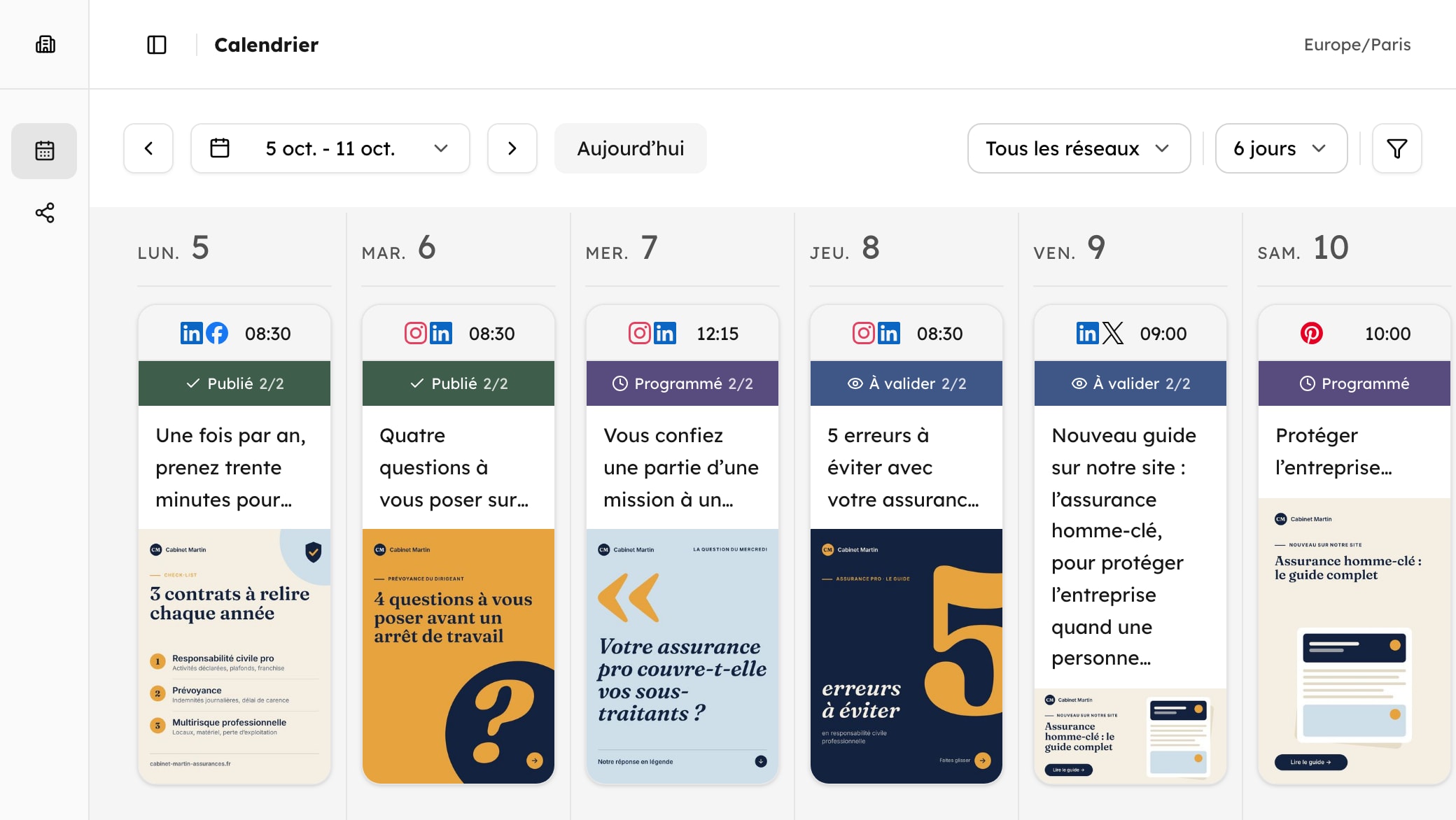 Espace client du Cabinet Martin : les posts de la semaine, publiés, programmés et à valider