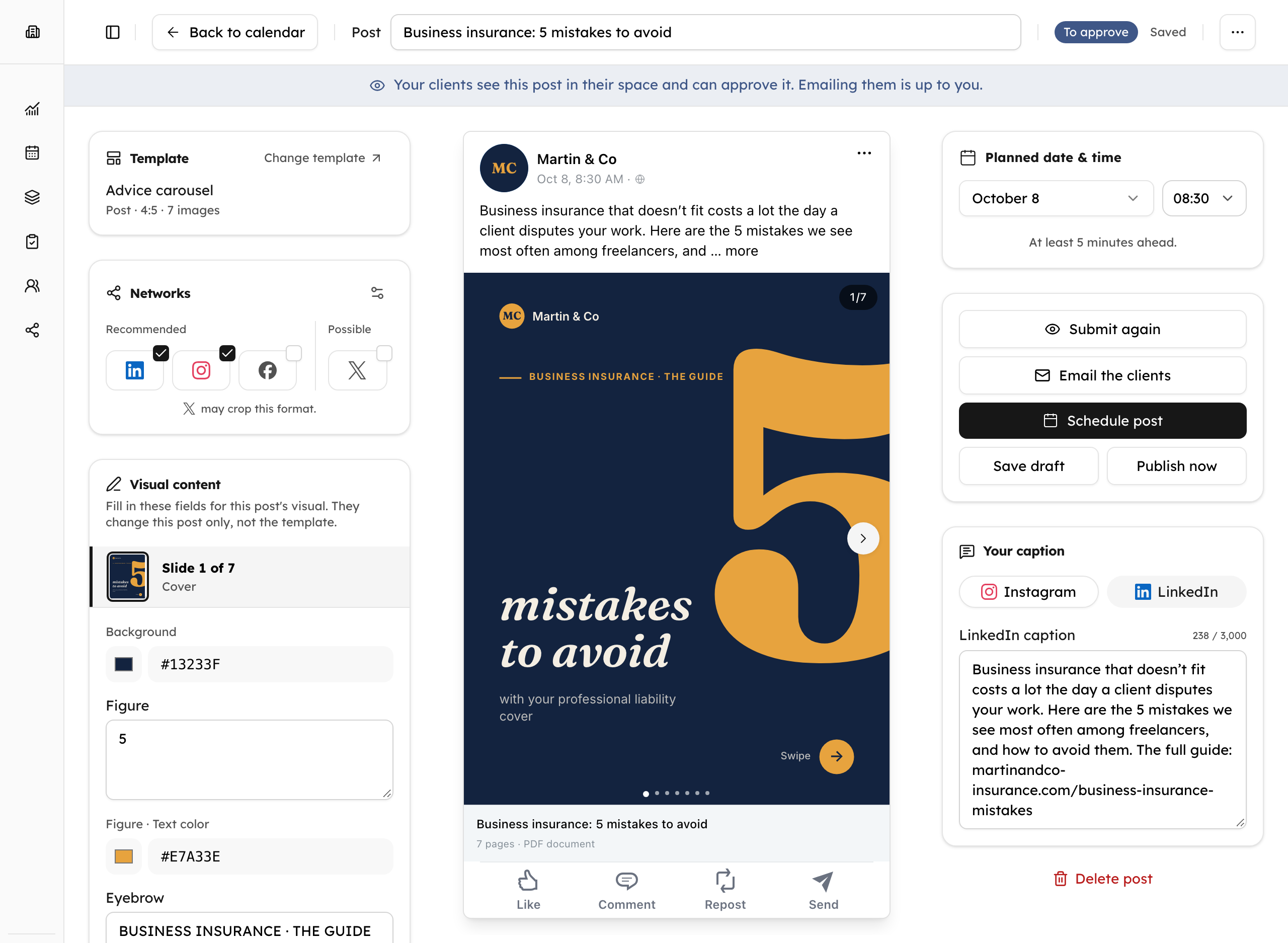 The Contenttosocial post editor: Martin & Co’s “Business insurance: 5 mistakes to avoid” carousel, planned for Thursday at 8:30 am on LinkedIn and Instagram