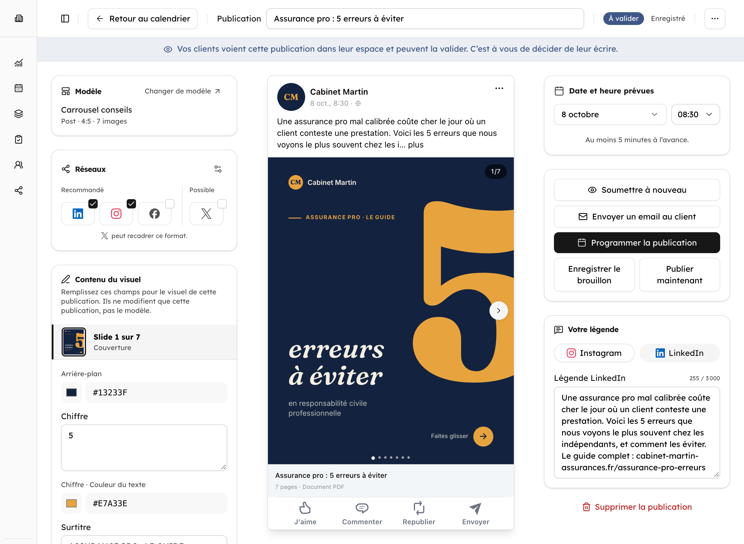L’éditeur de post de Contenttosocial : le carrousel « Assurance pro : 5 erreurs à éviter » du Cabinet Martin, prévu jeudi à 8h30 sur LinkedIn et Instagram