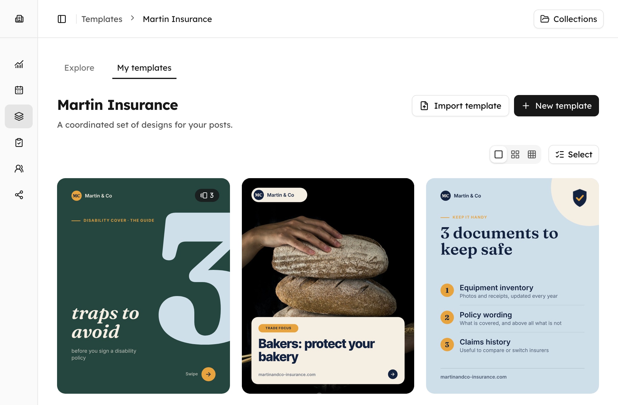 Martin & Co’s template collection in Contenttosocial: carousels, checklist and question of the week in their brand guidelines