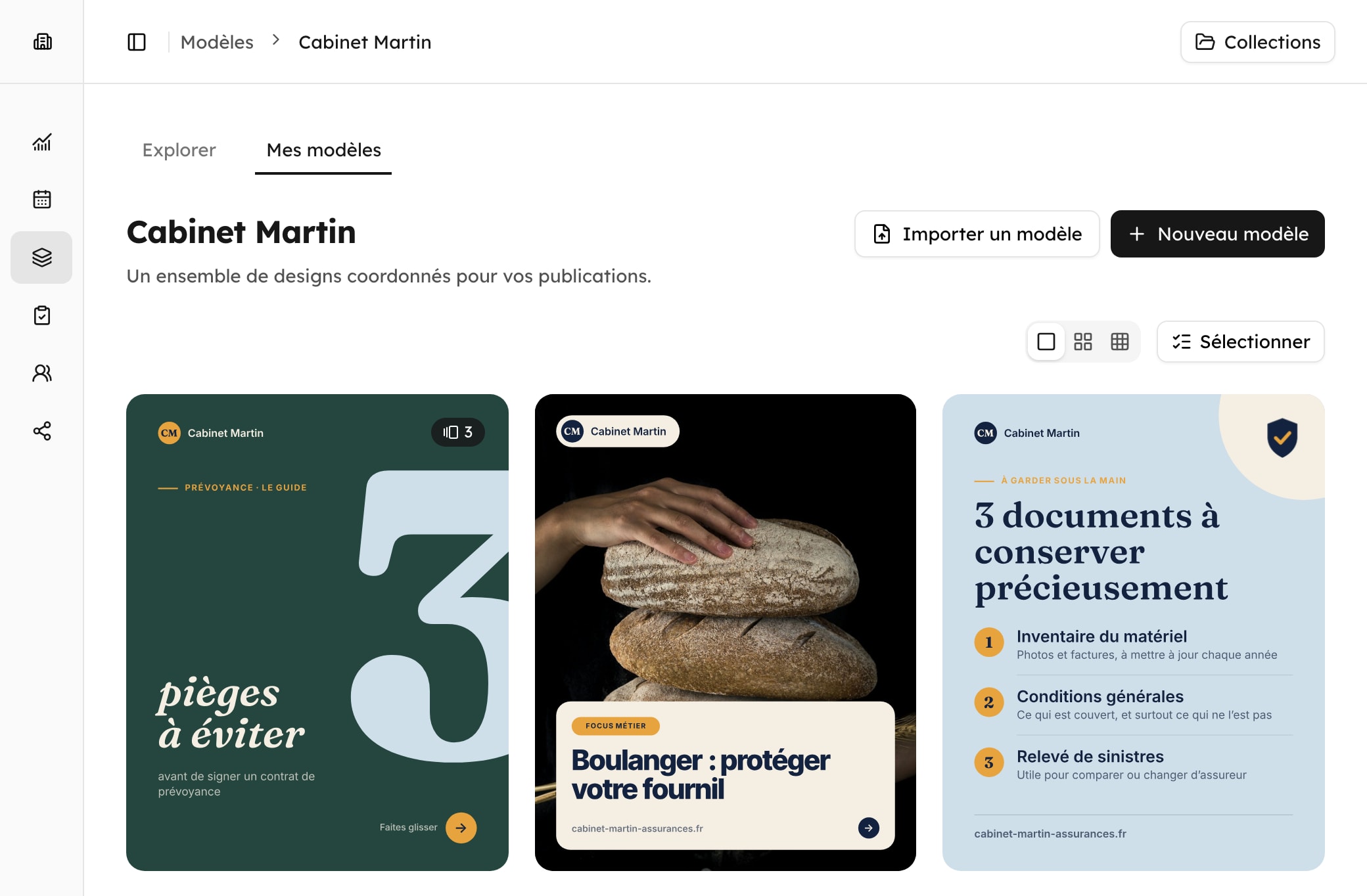 La collection de modèles du Cabinet Martin dans Contenttosocial : carrousels, check-list et question de la semaine à sa charte graphique